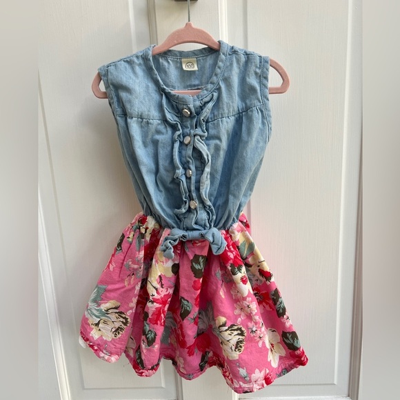 2T Blue and Pink Floral Tie Front Girls Sleeveless Dress - Picture 1 of 5